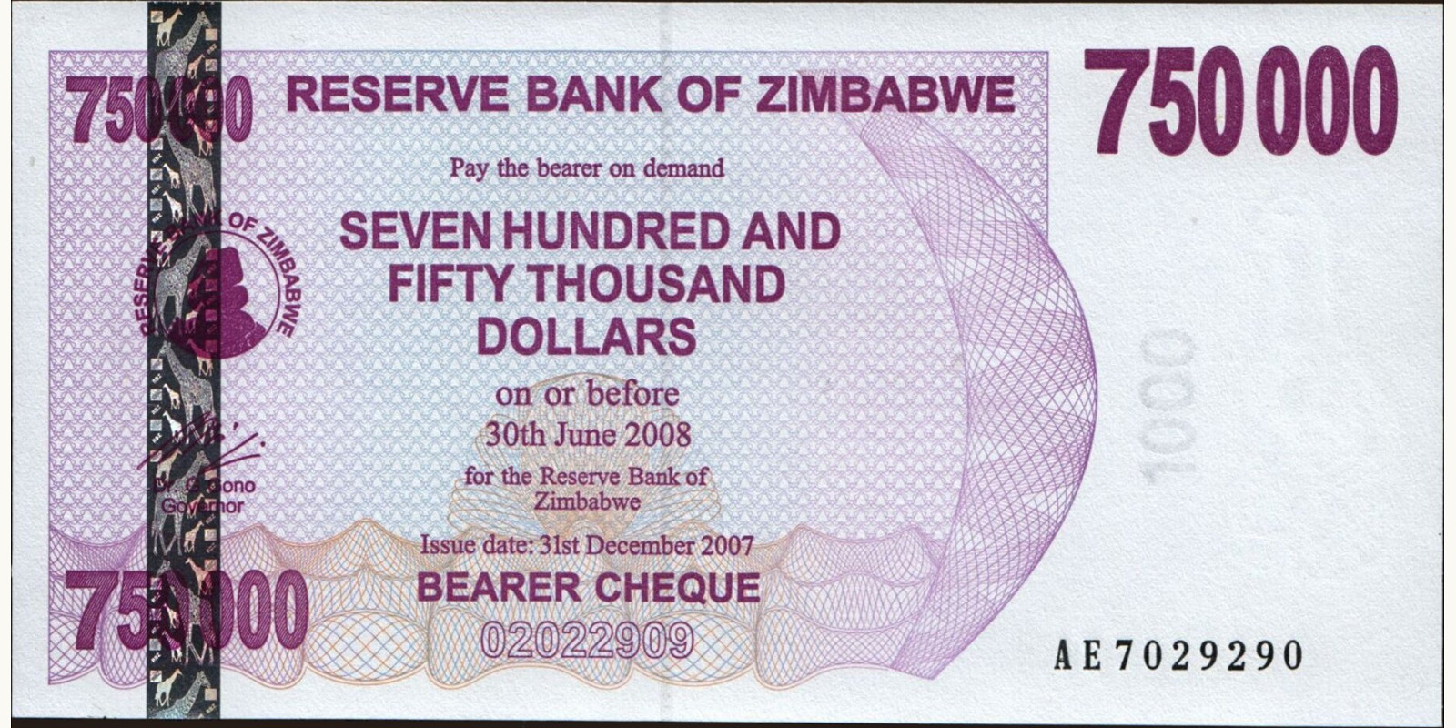 750000 dollars Зимбабве 2007 — Лицевая сторона