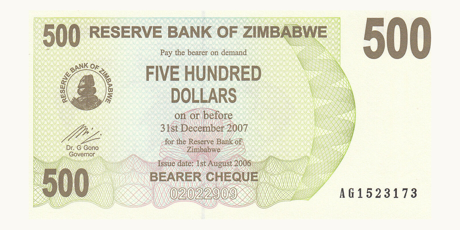 500 dollars Zimbabwe 2006 — Front side